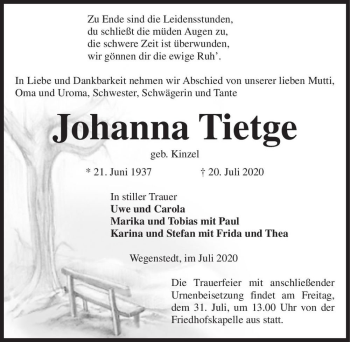 Traueranzeige von Johanna Tietge (geb. Kinzel)  von Magdeburger Volksstimme