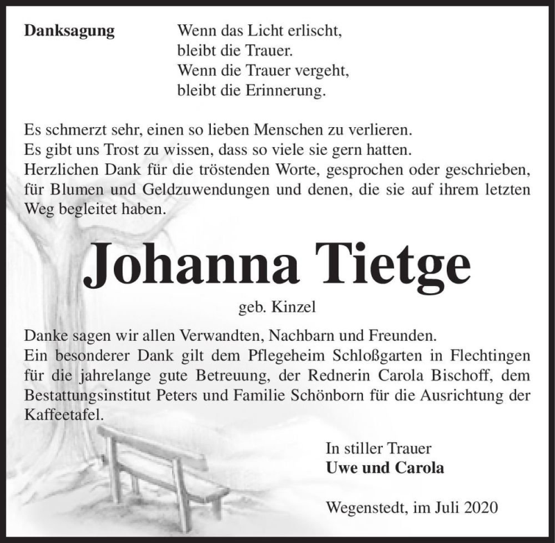  Traueranzeige für Johanna Tietge (geb. Kinzel)  vom 15.08.2020 aus Magdeburger Volksstimme