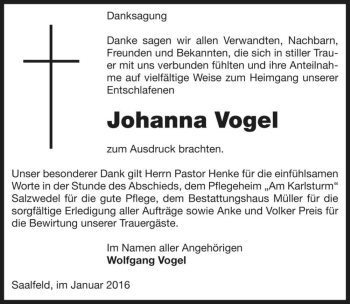 Traueranzeige von Johanna Vogel  von Magdeburger Volksstimme