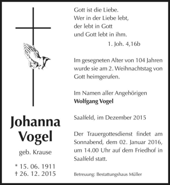 Traueranzeige von Johanna Vogel (geb. Krause)  von Magdeburger Volksstimme