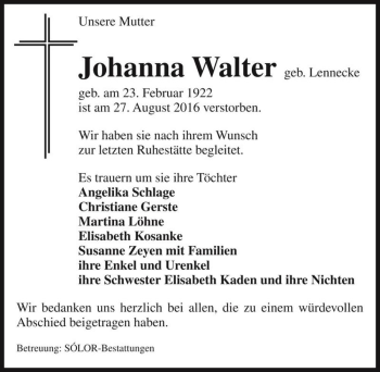Traueranzeige von Johanna Walter (geb. Lennecke)  von Magdeburger Volksstimme