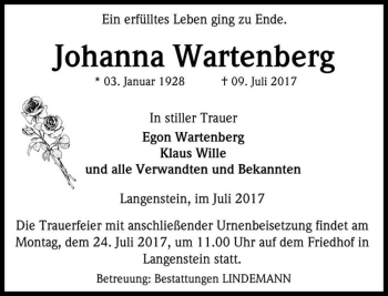 Traueranzeige von Johanna Wartenberg  von Magdeburger Volksstimme