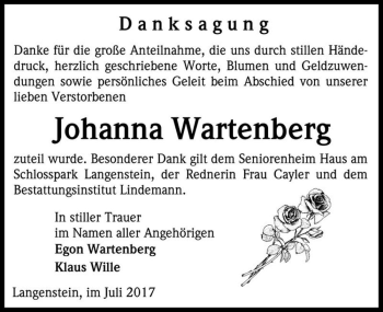 Traueranzeige von Johanna Wartenberg  von Magdeburger Volksstimme