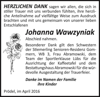 Traueranzeige von Johanna Wawzyniak  von Magdeburger Volksstimme