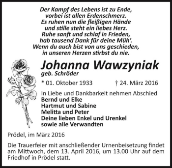 Traueranzeige von Johanna Wawzyniak (geb. Schröder)  von Magdeburger Volksstimme