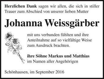 Traueranzeige von Johanna Weissgärber  von Magdeburger Volksstimme