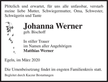Traueranzeige von Johanna Werner (geb. Bischoff)  von Magdeburger Volksstimme
