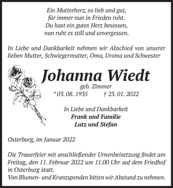 Traueranzeige von Johanna Wiedt (geb. Zimmer)  von Magdeburger Volksstimme