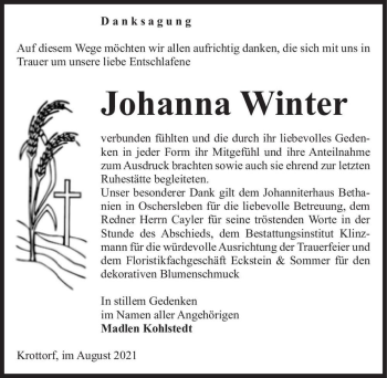 Traueranzeige von Johanna Winter  von Magdeburger Volksstimme