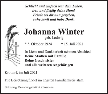 Traueranzeige von Johanna Winter (geb. Lodwig)  von Magdeburger Volksstimme