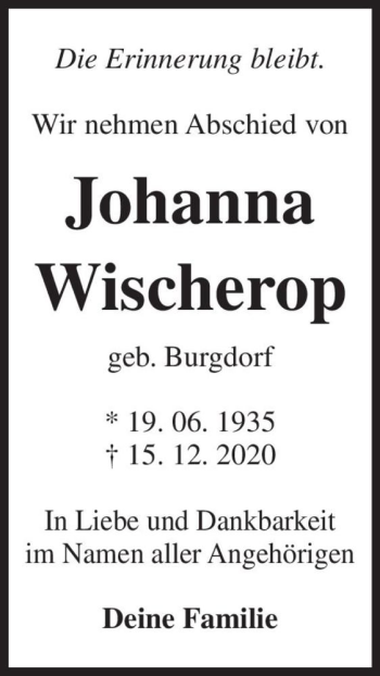 Traueranzeige von Johanna Wischerop (geb. Burgdorf)  von Magdeburger Volksstimme