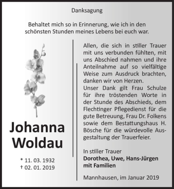 Traueranzeige von Johanna Woldau  von Magdeburger Volksstimme