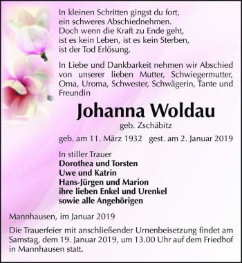 Traueranzeige von Johanna Woldau (geb. Zschäbitz)  von Magdeburger Volksstimme