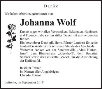 Traueranzeige von Johanna Wolf  von Magdeburger Volksstimme
