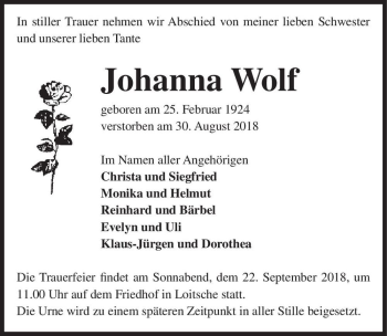 Traueranzeige von Johanna Wolf  von Magdeburger Volksstimme