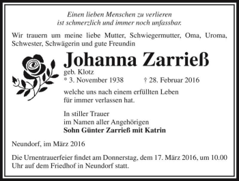 Traueranzeige von Johanna Zarrieß (geb. Klotz)  von Magdeburger Volksstimme