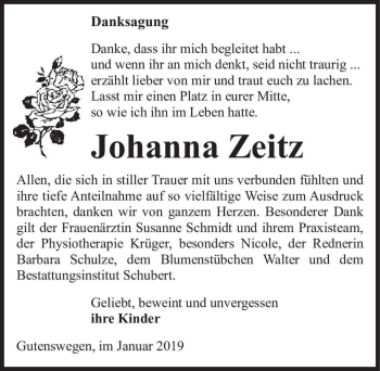 Traueranzeige von Johanna Zeitz  von Magdeburger Volksstimme
