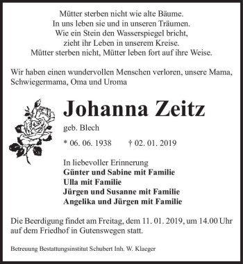 Traueranzeige von Johanna Zeitz (geb. Blech)  von Magdeburger Volksstimme
