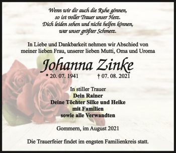 Traueranzeige von Johanna Zinke  von Magdeburger Volksstimme