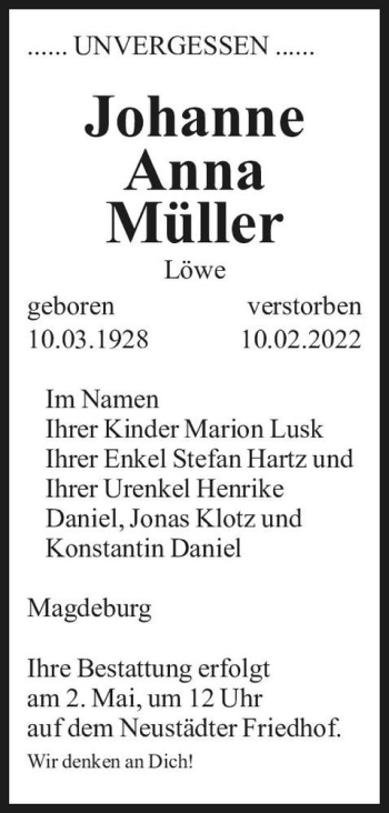 Traueranzeige von Johanne Anna Müller (geb. Löwe)  von Magdeburger Volksstimme