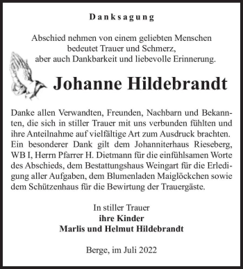 Traueranzeige von Johanne Hildebrandt  von Magdeburger Volksstimme