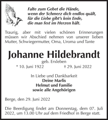 Traueranzeige von Johanne Hildebrandt (geb. Erxleben)  von Magdeburger Volksstimme