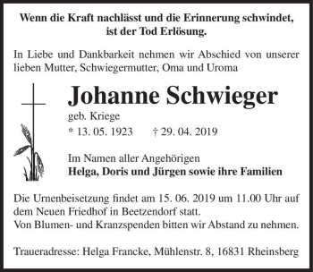 Traueranzeige von Johanne Schwieger (geb. Kriege)  von Magdeburger Volksstimme