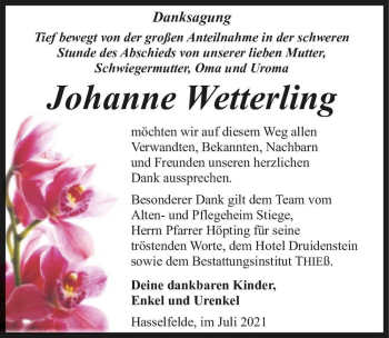 Traueranzeige von Johanne Wetterling  von Magdeburger Volksstimme