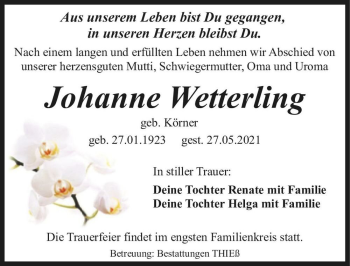 Traueranzeige von Johanne Wetterling (geb. Körner)  von Magdeburger Volksstimme