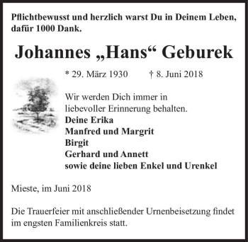 Traueranzeige von Johannes ,,Hans