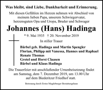 Traueranzeige von Johannes (Hans) Hadinga  von Magdeburger Volksstimme