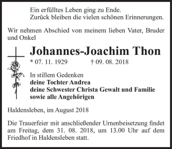 Traueranzeige von Johannes-Joachim Thon  von Magdeburger Volksstimme