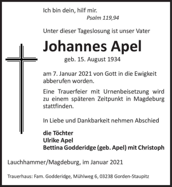 Traueranzeige von Johannes Apel  von Magdeburger Volksstimme