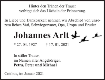 Traueranzeige von Johannes Arlt  von Magdeburger Volksstimme