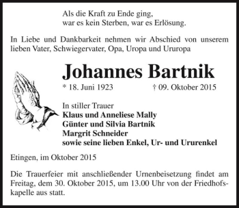 Traueranzeige von Johannes Bartnik  von Magdeburger Volksstimme