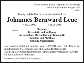 Traueranzeige von Johannes Bernward Leue  von Magdeburger Volksstimme