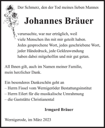 Traueranzeige von Johannes Bräuer  von Magdeburger Volksstimme