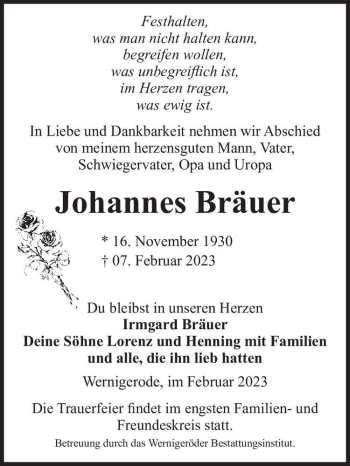 Traueranzeige von Johannes Bräuer  von Magdeburger Volksstimme