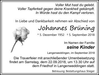 Traueranzeige von Johannes Brüning  von Magdeburger Volksstimme