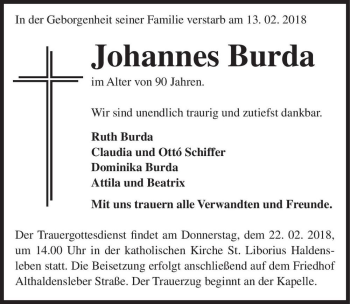 Traueranzeige von Johannes Burda  von Magdeburger Volksstimme