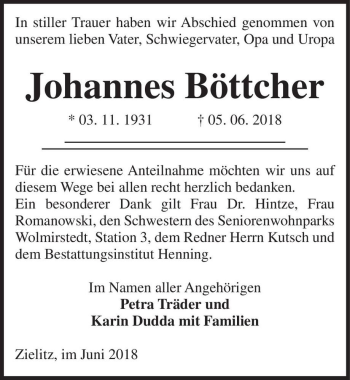 Traueranzeige von Johannes Böttcher  von Magdeburger Volksstimme