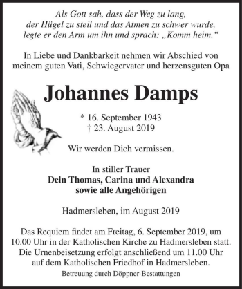 Traueranzeige von Johannes Damps  von Magdeburger Volksstimme