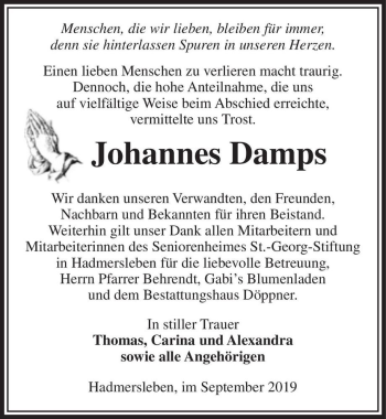 Traueranzeige von Johannes Damps  von Magdeburger Volksstimme