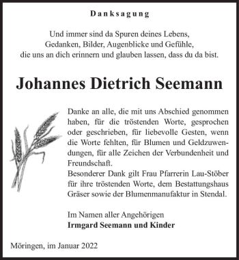 Traueranzeige von Johannes Dietrich Seemann  von Magdeburger Volksstimme
