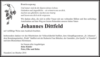 Traueranzeige von Johannes Dittfeld  von Magdeburger Volksstimme