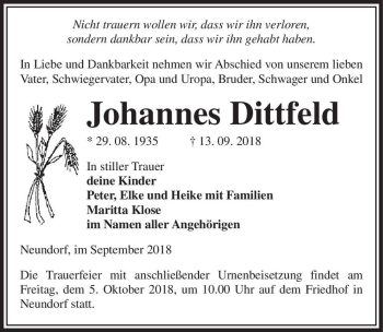 Traueranzeige von Johannes Dittfeld  von Magdeburger Volksstimme