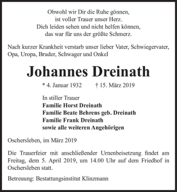 Traueranzeige von Johannes Dreinath  von Magdeburger Volksstimme