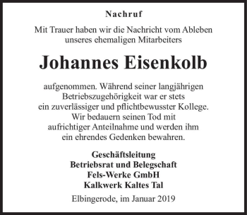 Traueranzeige von Johannes Eisenkolb  von Magdeburger Volksstimme
