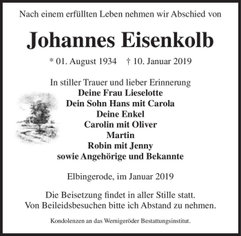 Traueranzeige von Johannes Eisenkolb  von Magdeburger Volksstimme
