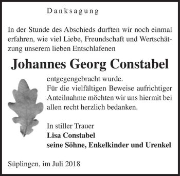 Traueranzeige von Johannes Georg Constabel  von Magdeburger Volksstimme